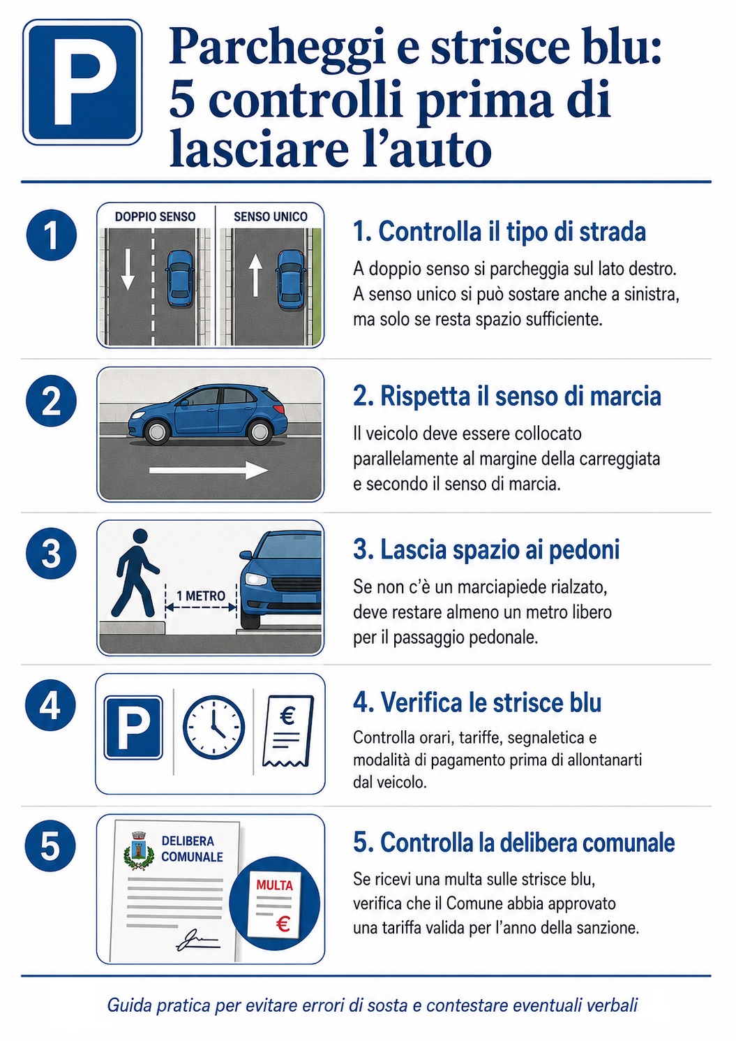 Infografica con 5 controlli per parcheggiare correttamente ed evitare multe su strada e strisce blu.